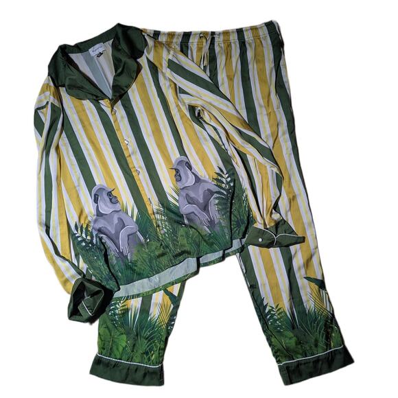 Averie Uma Green Yellow Striped Gorilla Graphic Two Piece Satin Pajama Set Sz L - Picture 1 of 6